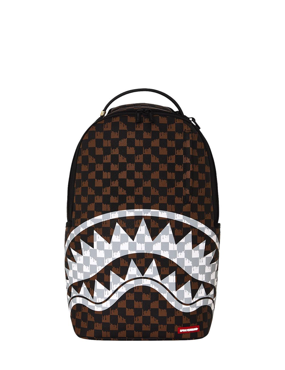 brown and cream drip check<BR/>shark backpack 