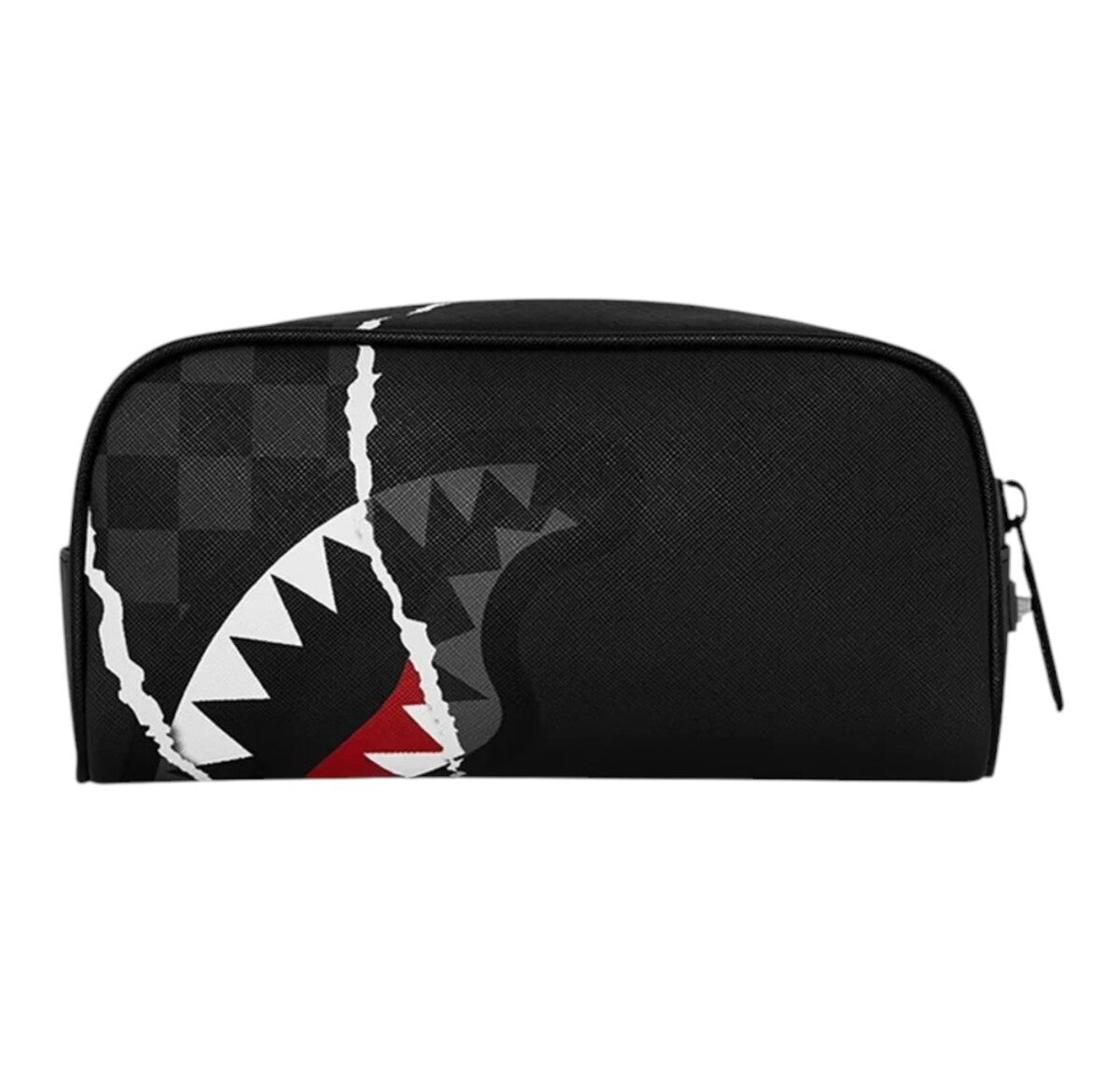 center rip revealing gray check pouch 