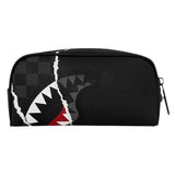 center rip revealing gray check pouch 