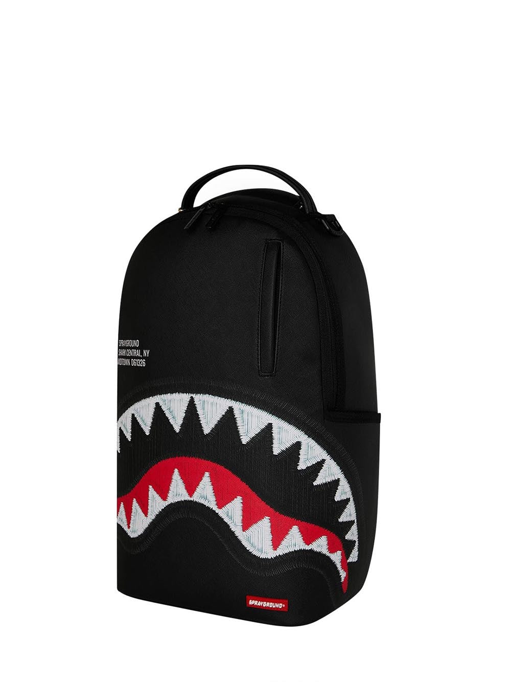 shark central black embroidered shark backpack 