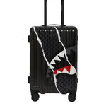 center rip revealing gray check carry-on luggage 