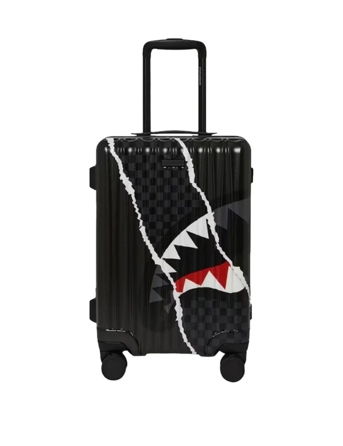 center rip revealing gray check carry-on luggage 