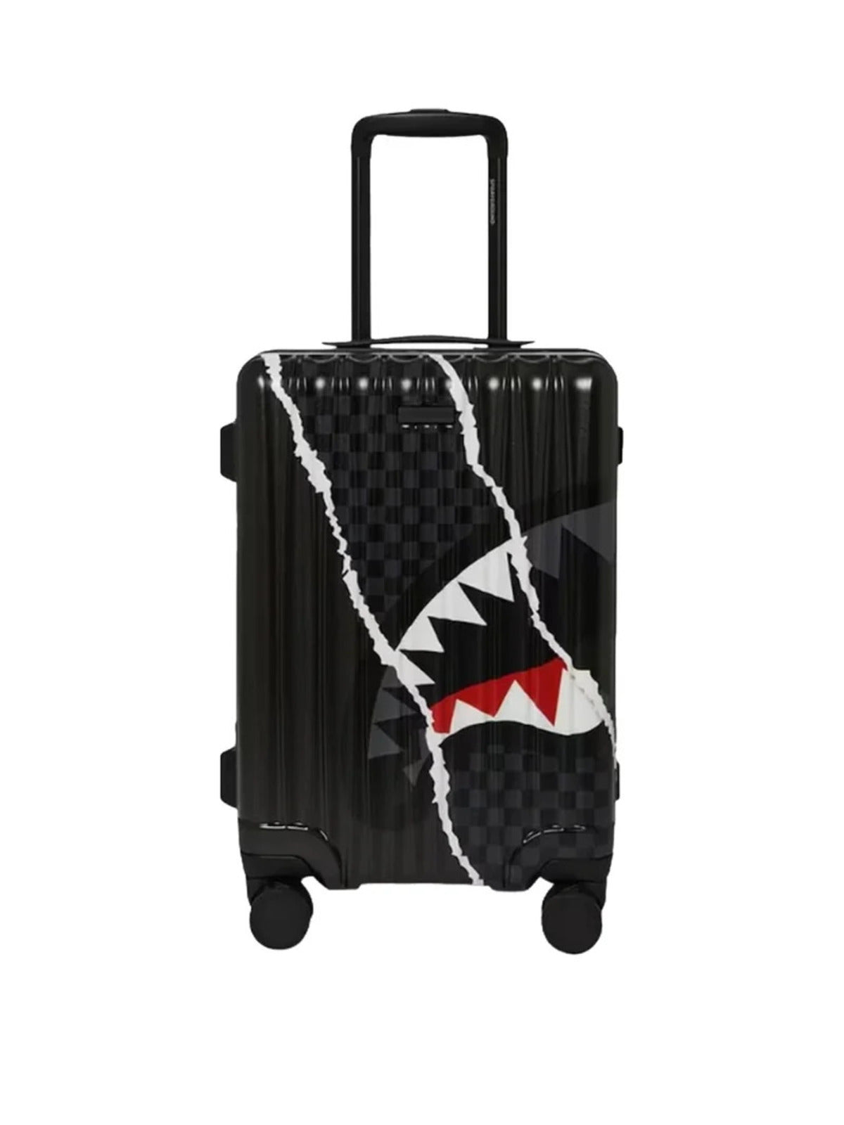 center rip revealing gray check carry-on luggage 