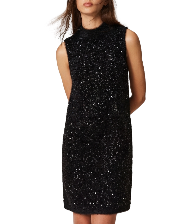 Mini Abito A Lupetto In Maglia Ricamo Paillettes 